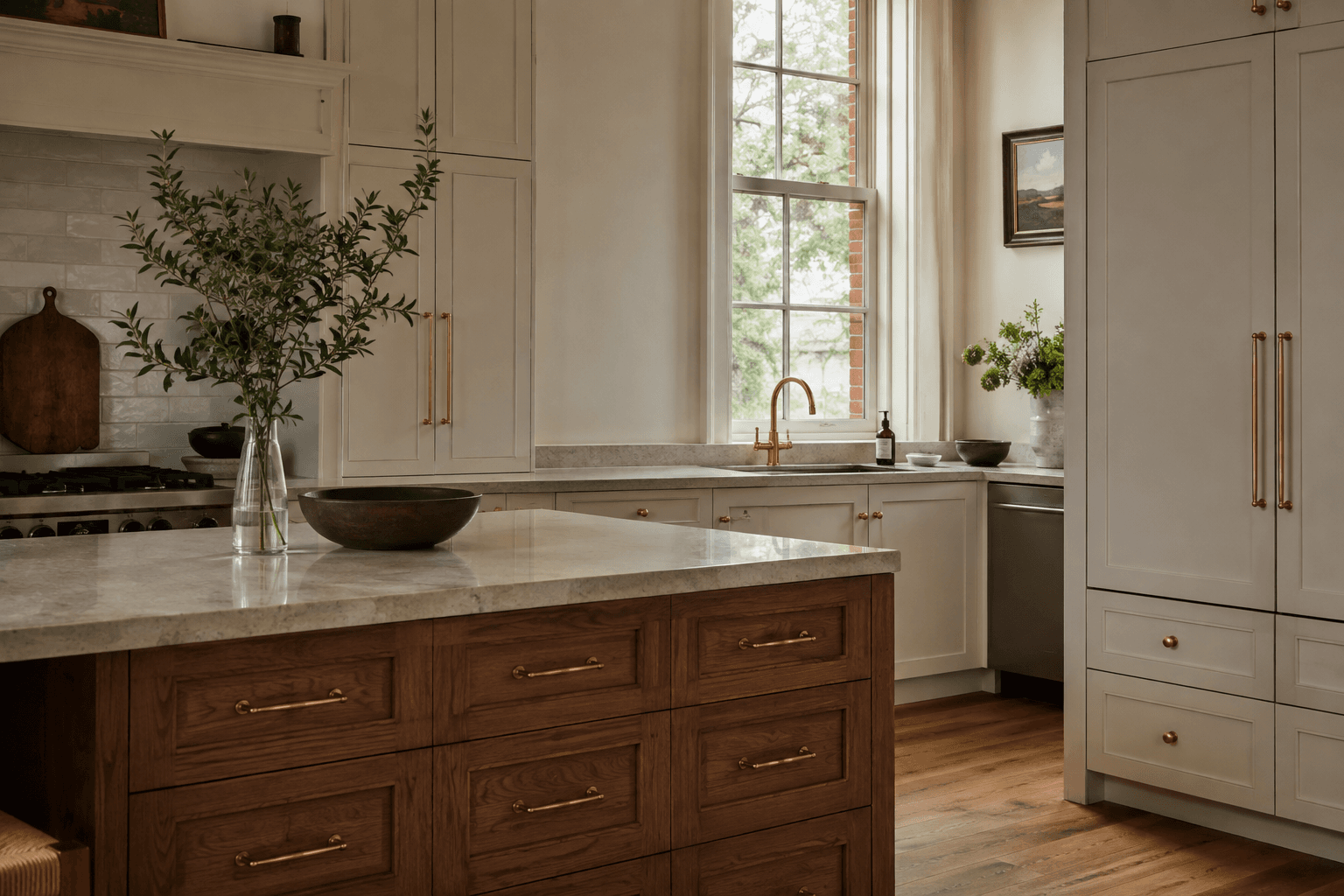 cream and walnut custom kitchen with crafted storage and a timber island